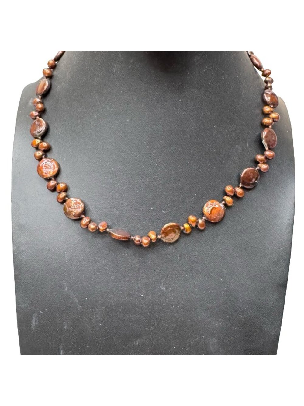 Vintage Brown Freshwater Pearl Necklace Sterling Silver Clasp 16" Handmade